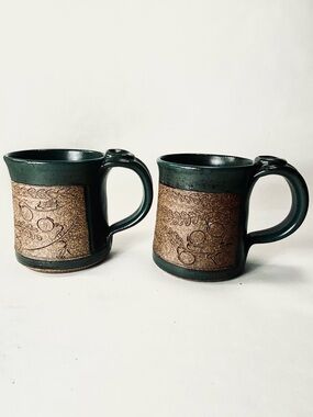 2 Handcrafted Pottery Mugs by Lynne Deep Teal Green Glaze Floral Etched Detail